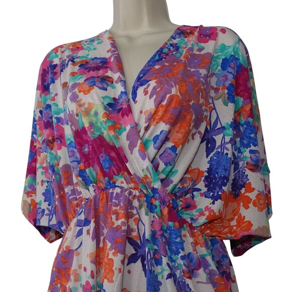 BomBom Floral Surplice Vneck Dolman Sleeve Faux Wrap Top Women Size M Multicolor - Picture 2 of 7